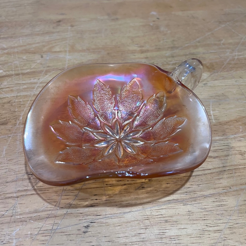 Vtg Dugan Marigold Carnival Glass Leaf‎ Ray Nappy Dish Iridescent Applied Handle